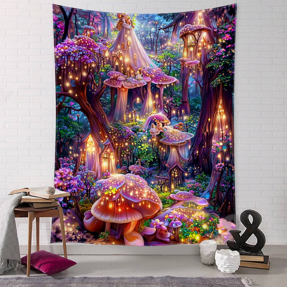 Mushroom Forest Printed Tapestry, Dreamy Fairy Tale Style, Suitable for Wall Decoration in Bedroom, Study, and Living Room