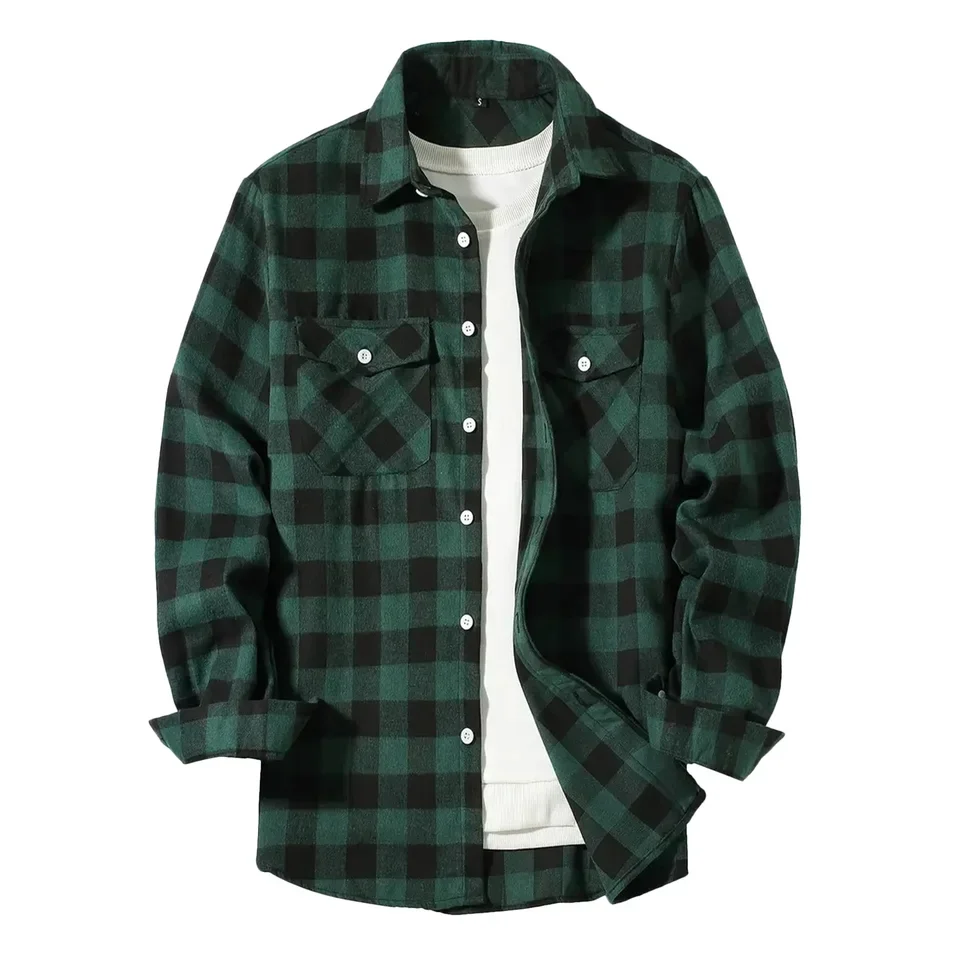 2026 Spring Retro Flannel Plaid Shirt For Men Korean Fashion Button-Up Blouses Streetwear Male Checkered Shirts Men Clothing