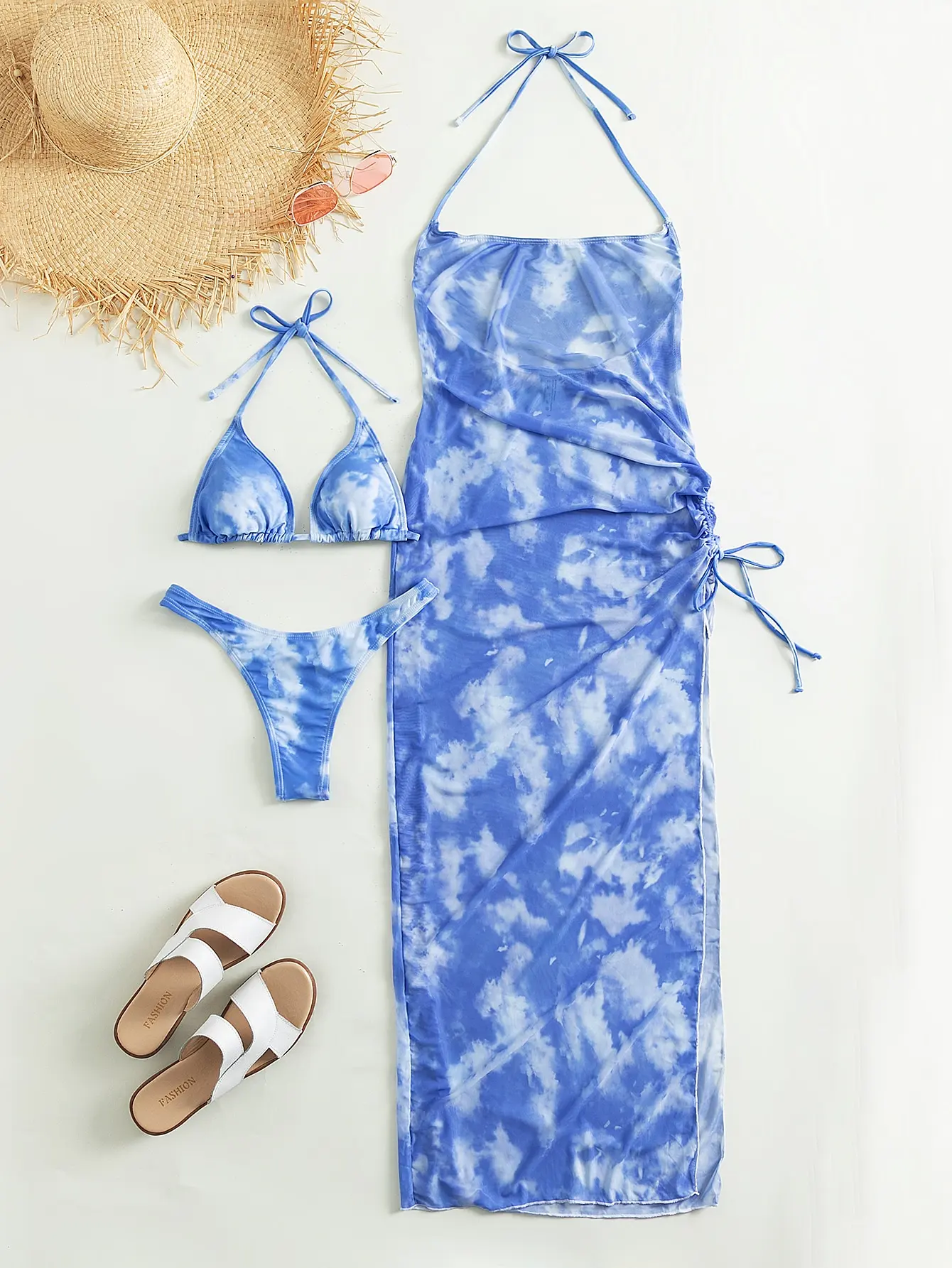 3 Pieces Tie Dye Triangle Bikini 2024 Women With Cover Up Swimwear Female Trikini Swimsuit Bathers Bathing Swimming Suit Summer