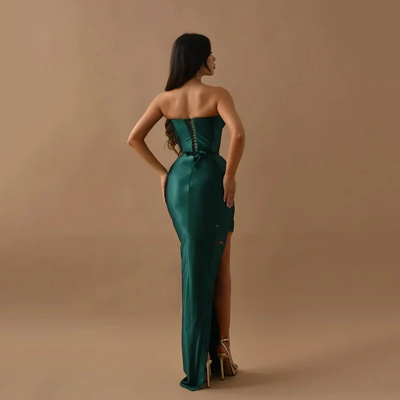 Flavinke Customized Green V-Neck Mermaid Prom Dresses Side Slit Satin Off Shoulder Evening Dress Night Cocktail Party Prom Gowns