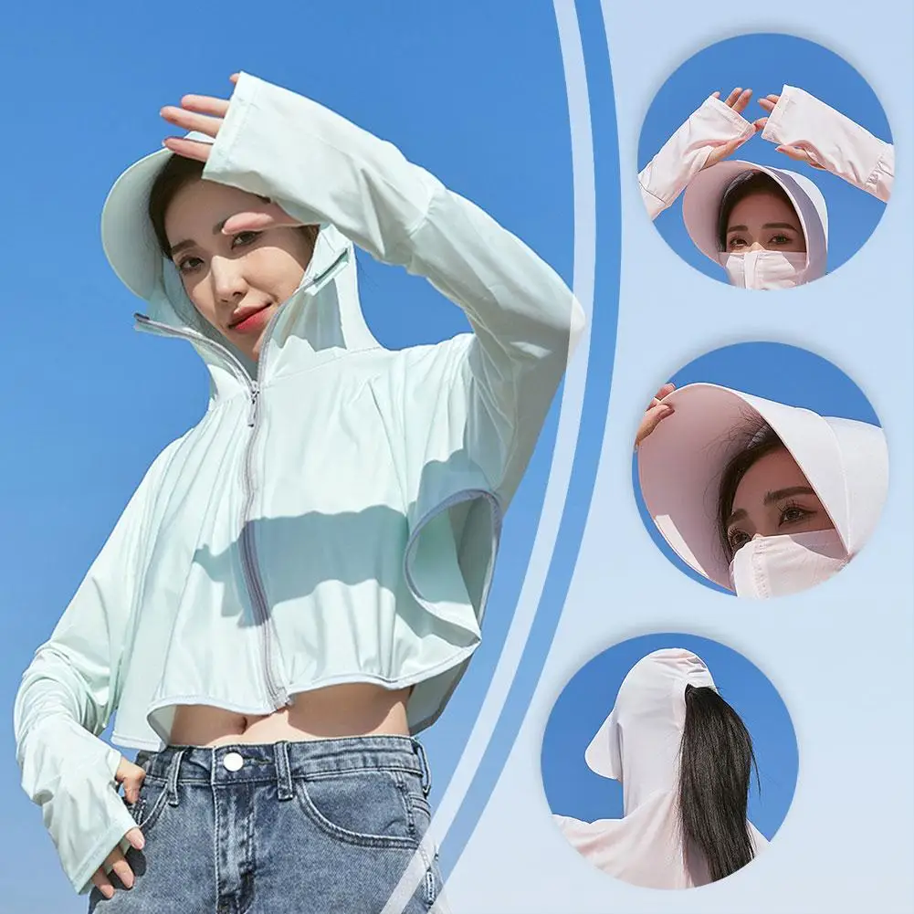 Women Sunscreen Clothes Summer Ice Silk Large Brimmed Long Hoodie Solid Shirt Color Breathable Sleeved UV Clothing Protecti Z2S9