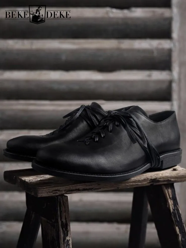 Japanese Style Genuine Leather Platform Lace-Up Male Handmade Dress Shoes Horsehide Solid Color Round Toe Low Heel Business Shoe
