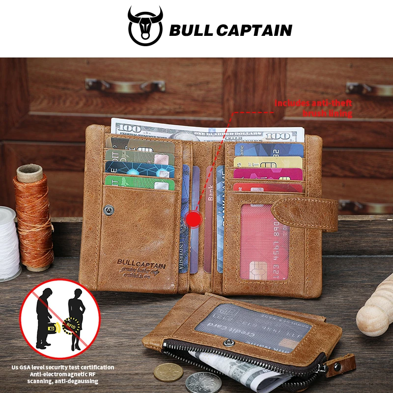 BULLCAPTAIN Men's Genuine Leather Wallet Retro Casual Snap Tri-fold Cash Clip RFID Anti-Theft Card Holder Detachable Coin Holder