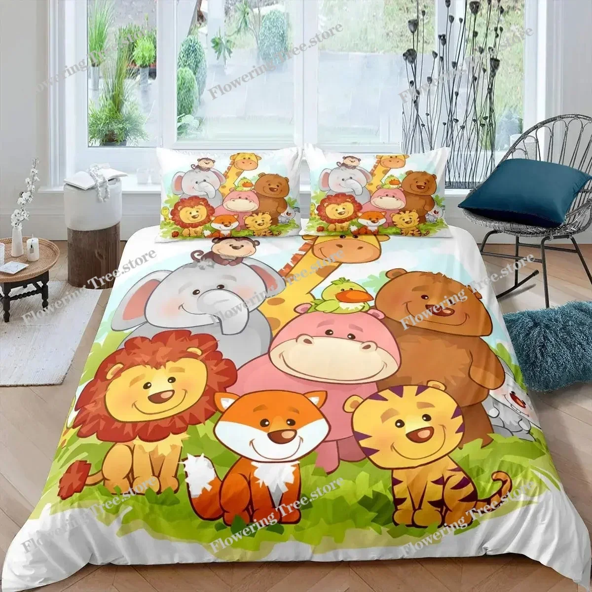 Cartoon Animals Duvet Cover Set King Size Savannah Tropical Forest Jungle Wildlife Bedding Set Kids Zoo Polyester Quilt Cover
