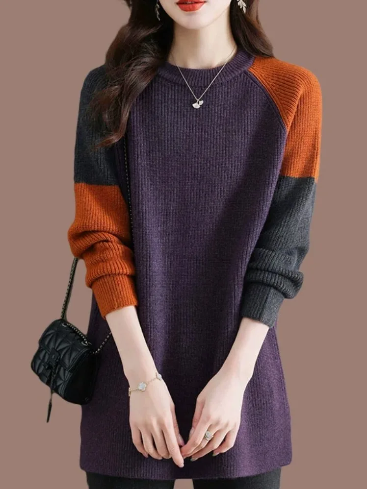 

Высококачественный длинный свитер в европейском стиле Sle Color Blo, женский свободный топ, теплая трикотажная шерстяная одежда, повседневная одежда