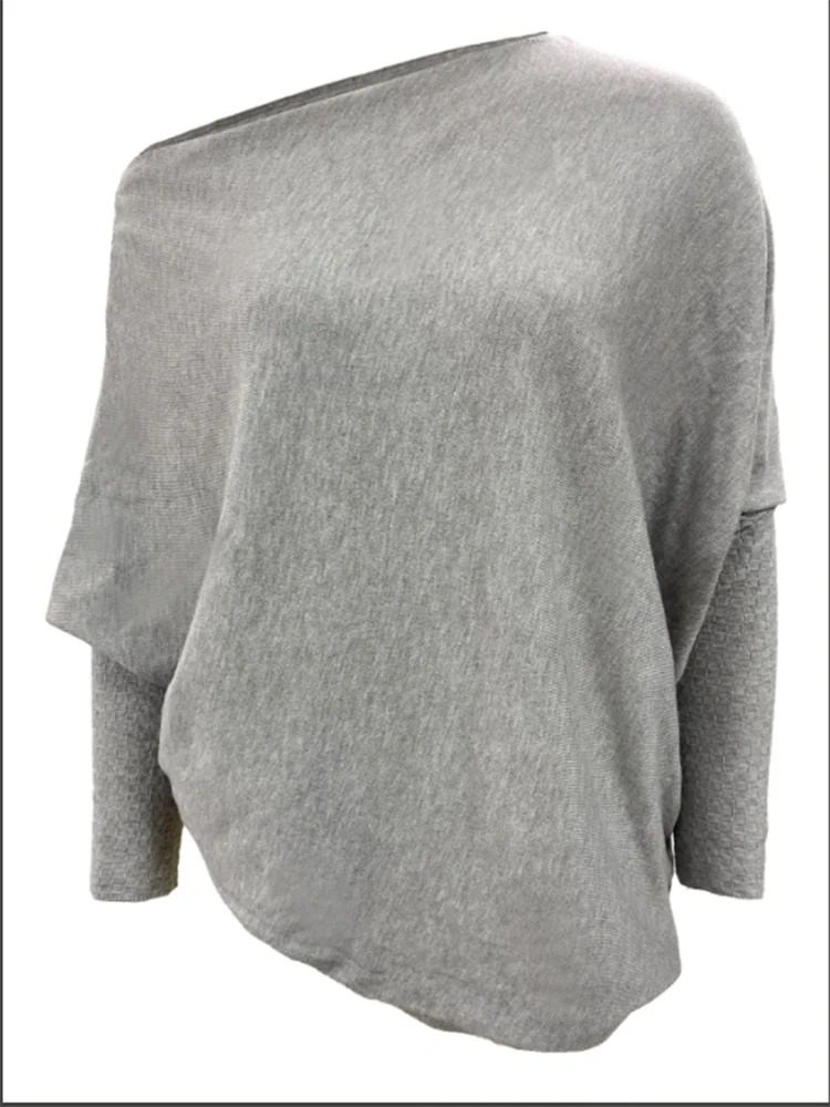 Women Diagonal Neckline Knitted Pullover T-Shirt Autumn Grey Long Sleeve One Size Top