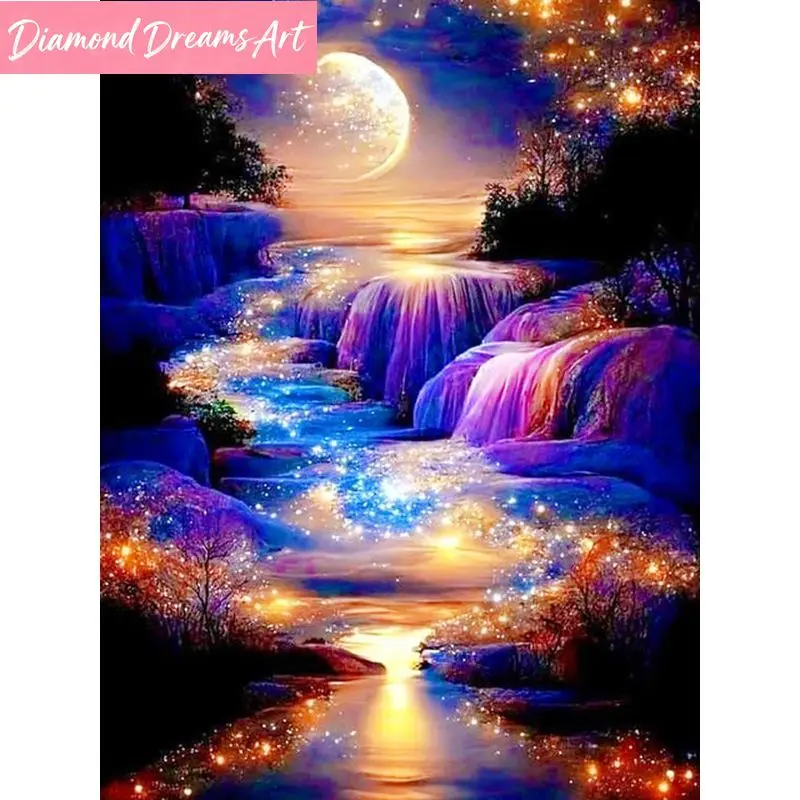 

Frameless, DIY Diamond Painting Landscape Waterfall Full Diamond Mosaic Moon Wall Art Decoration Handmade Gift Craft Kit