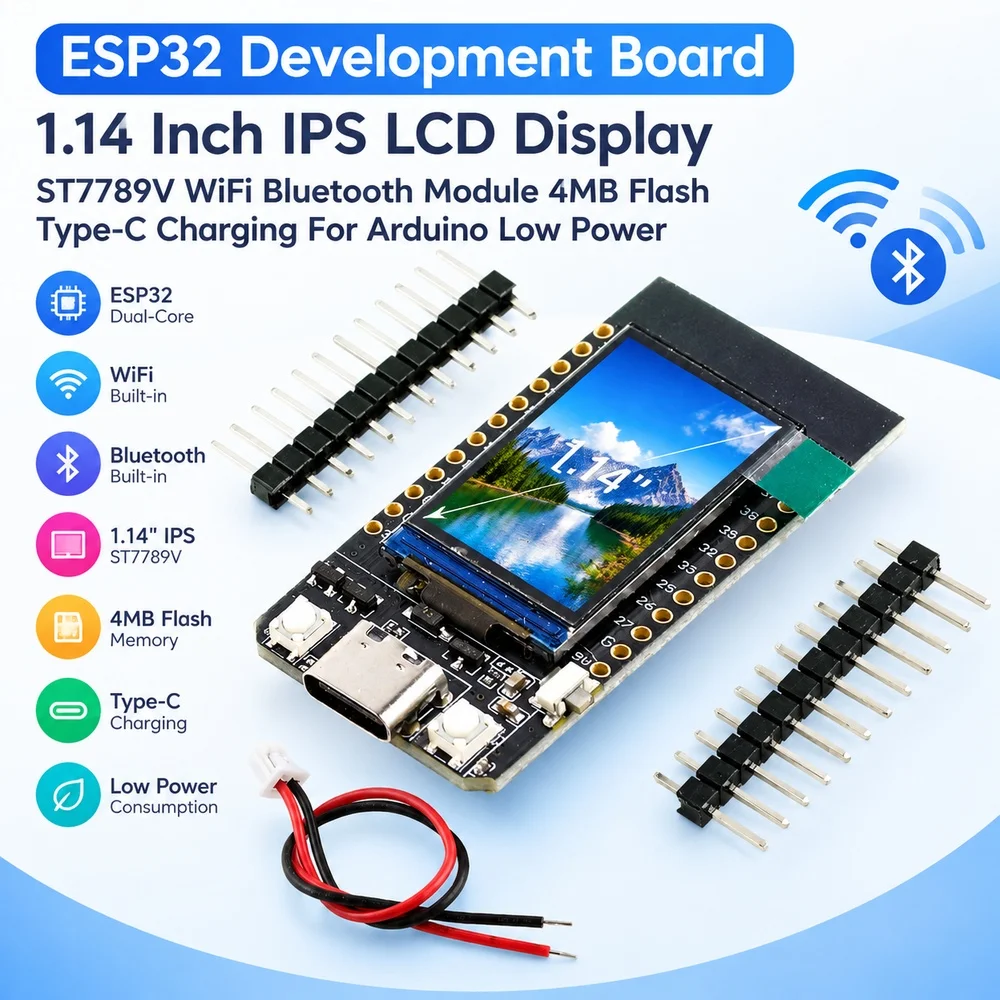 ESP32 Development Board 1.14 Inch IPS LCD Display ST7789V WiFi Bluetooth Module 4MB Flash Type-C Charging For Arduino Low Power