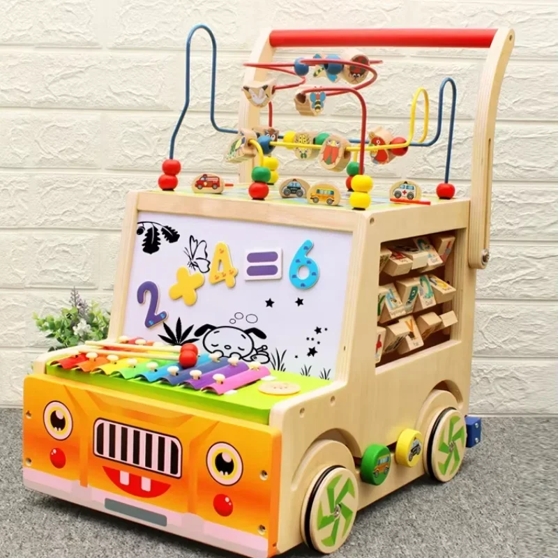 Factory Direct Sales Wooden infant baby walker trolley Walker Multi-function round bead treasure box