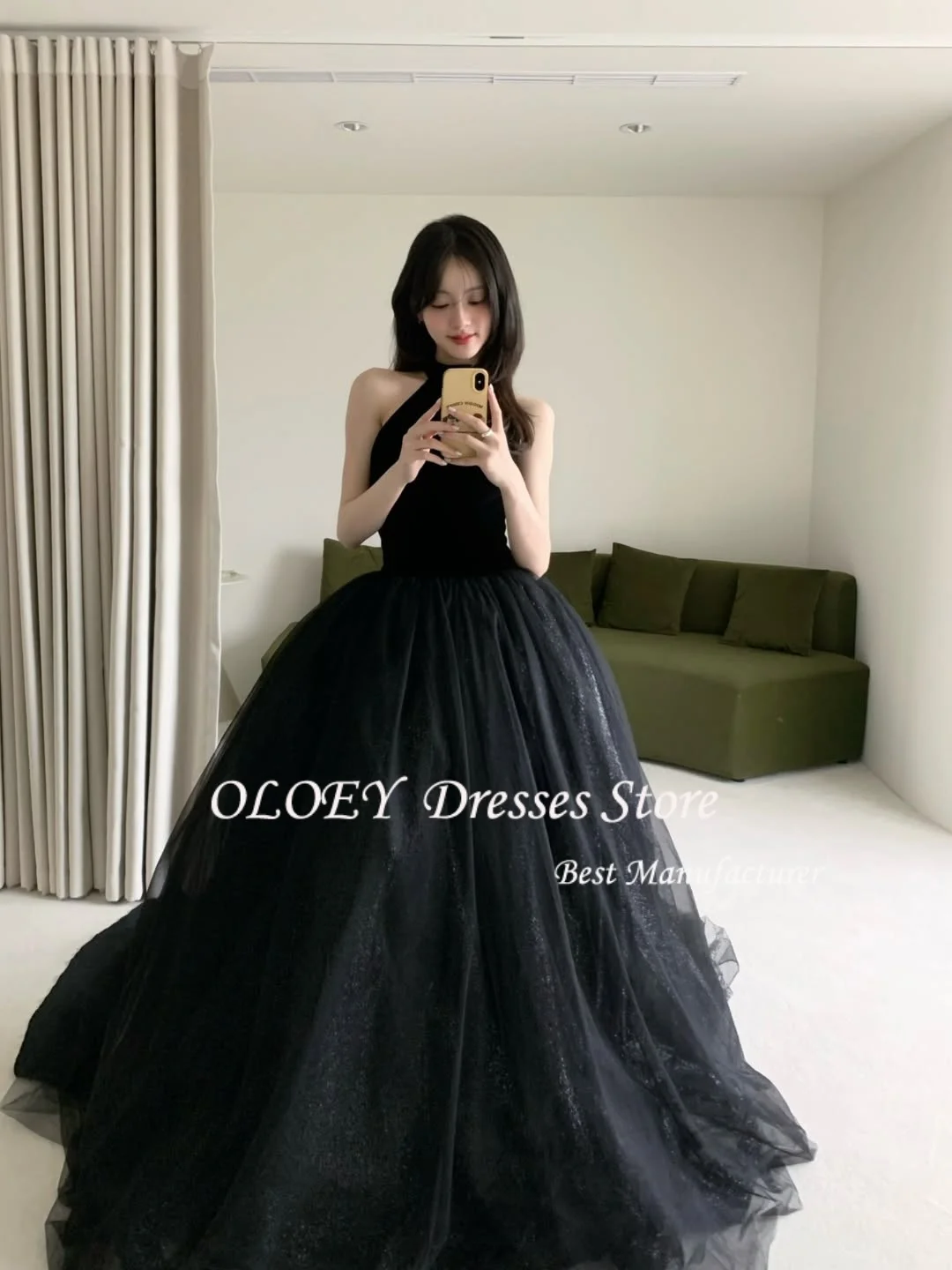 فستان OLOEY أسود على شكل حرف a مع رسن لامع للحفلات الراقصة من التول كوريا لحفلات الزفاف وأداء التقطت الصور ثوب مسائي فاخر مخصص