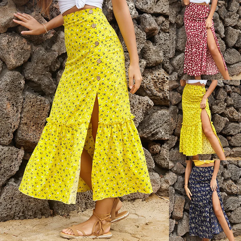 

Summer Floral Midi Skirt Women Casual Beach Style High Wasit Button Split Ladies Slim Sexy Long Print