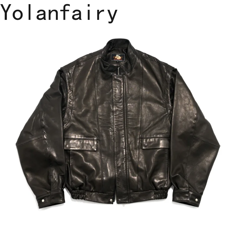 YOLANFAIRY New Genuine Sheepskin Leather Jackets Man Oversize Detachable Sleeves Men's Vest Vintage Waistcoat Men Leather Jacket