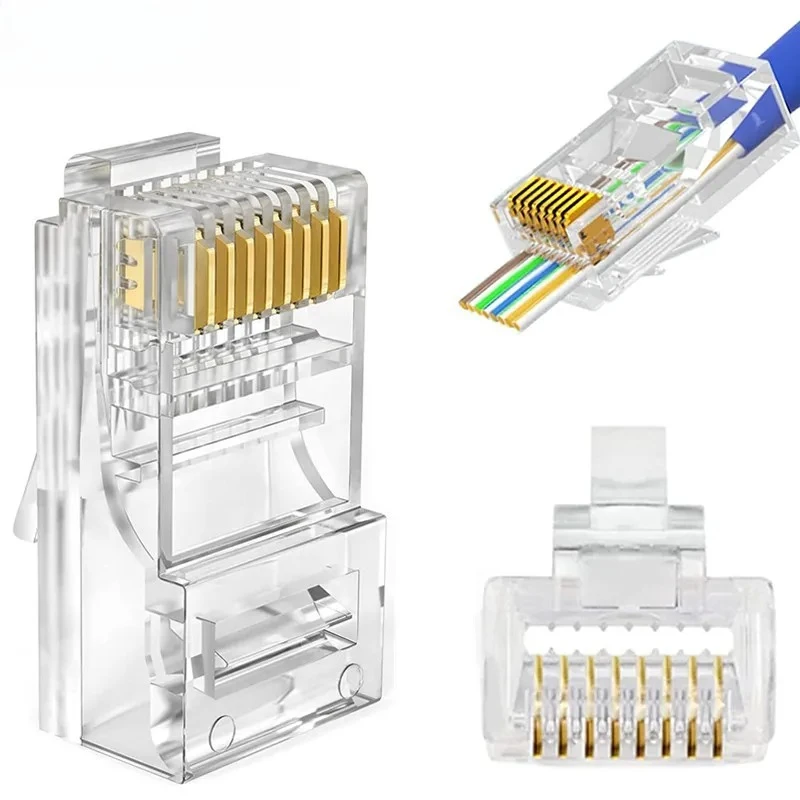 100pcs RJ45 Connector Transparent Ethernet Pass-Through Plug Gold Plated Modular Plug 8P8C Cable Head for Network CAT5 LAN