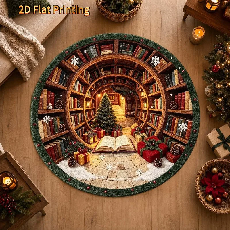 Round Area Rug Cream Christmas Village Tunnel Poinsettia Gold Snowflake 2D Flat Print for Living Room