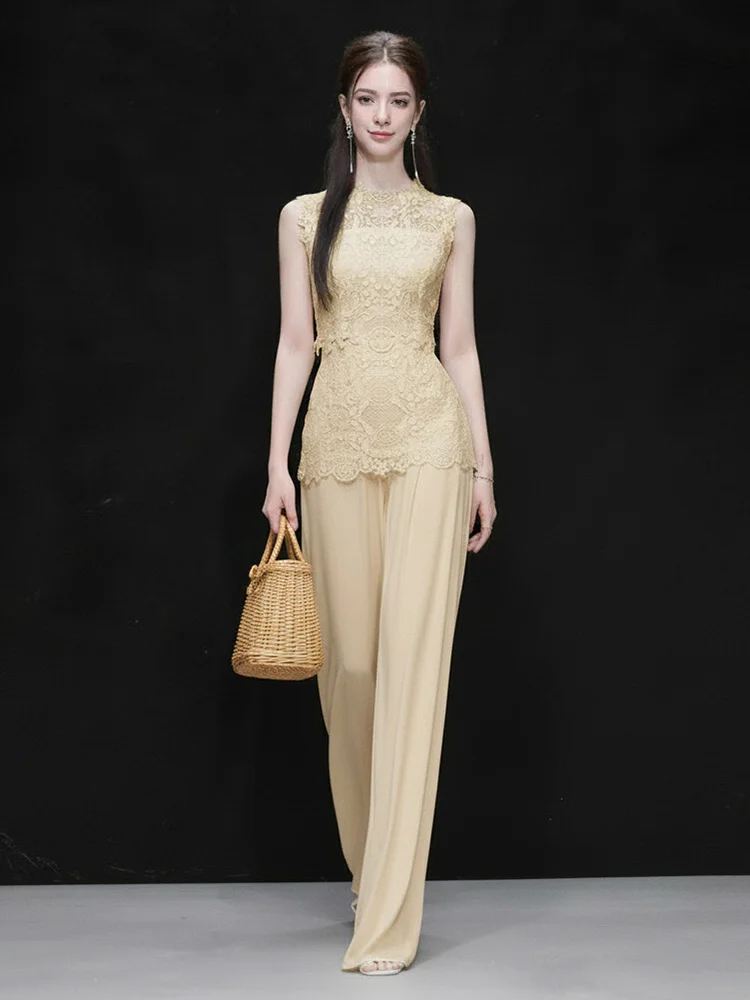 

Summer 2026 Elegant Diamond Strip round Neck Bubble Sleeve Lace Top High Waist Silk Wide Leg Pants Set Women's Fashion Ensemble