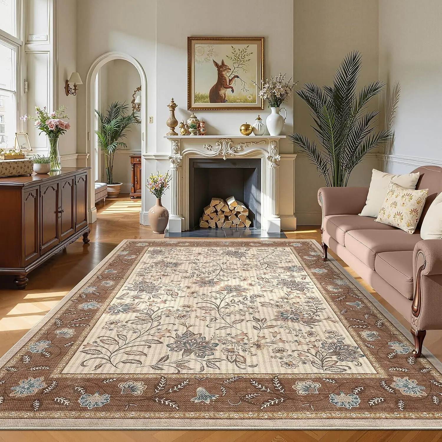 9x12 Brown Washable Large Area Rug Non Slip Soft Country Mat Carpet Indoor Botanical Floral Rug for Living Room Bedroom