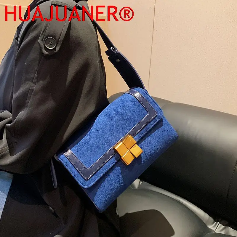 French Design Women Bag Winter New Single Shoulder Handbag For Women Square Classic Blue Nubuck Leather Luxury Messenger Bags