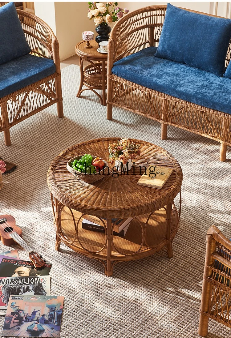 SM نبات الروطان طاولة شاي غرفة المعيشة شقة صغيرة الفن العتيقة جولة الروطان طاولة شاي صغيرة