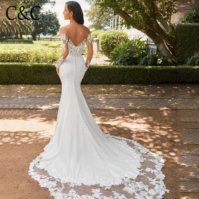 Vestido De Novia elegante De sirena con escote Corazón, manga larga, espalda abierta, apliques De encaje, tren De barrido, blanco, 2024