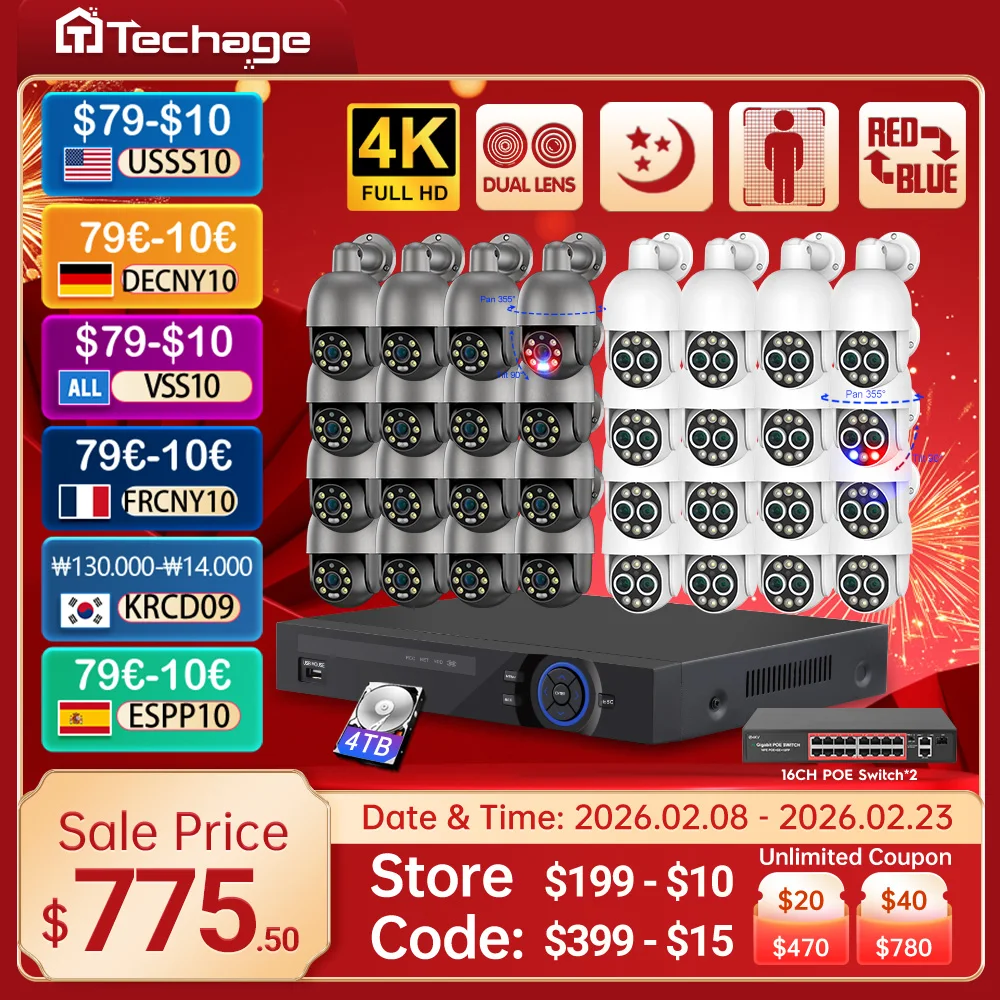 

32CH 8MP PTZ POE Security System 8X Zoom 2.8mm+12mm Dual Lens Camera Color Night Human Detect CCTV Video Surveillance Kit ONVIF