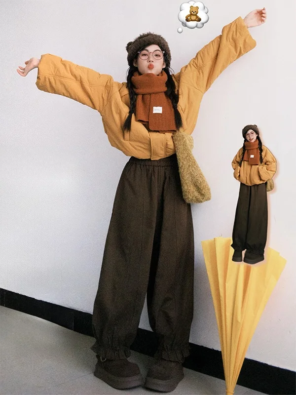 

Корейская свободная повседневная хлопковая куртка в корейском стиле для женщин, зимняя теплая дутая куртка-пуховик, укороченная, с рукавами-бутоны, модная, маленький размер