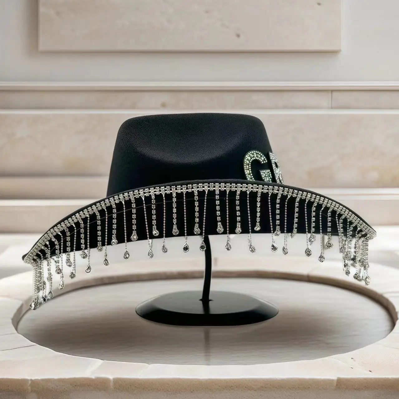 HongLuan Schwarzer Hochzeits-Bräutigam-Kostümhut für Erwachsene, Cowboy-Hüte mit Strasssteinen für Herren, Cowboy-Cosplay-Accessoires und Cowgirl-Kappe