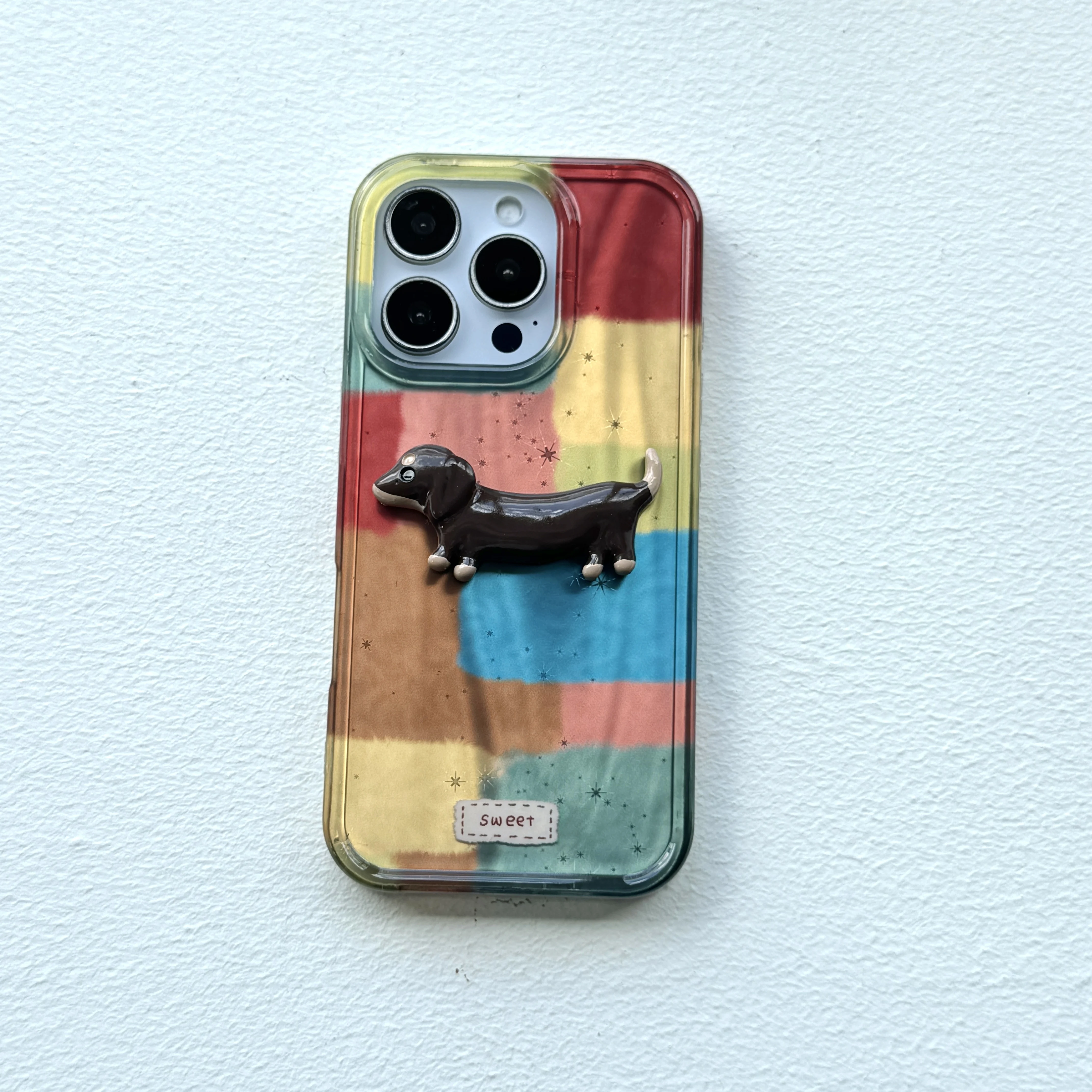 Estética de retazos coloridos con funda de teléfono 3D Kawaii Dachshund para iPhone 17 16 15 14 13 Pro Max funda trasera para teléfono Capa
