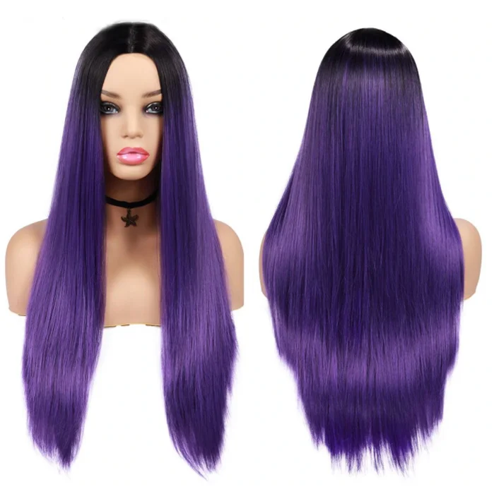 Pelucas rectas de encaje para mujer, pelo largo púrpura, ombré, morado oscuro