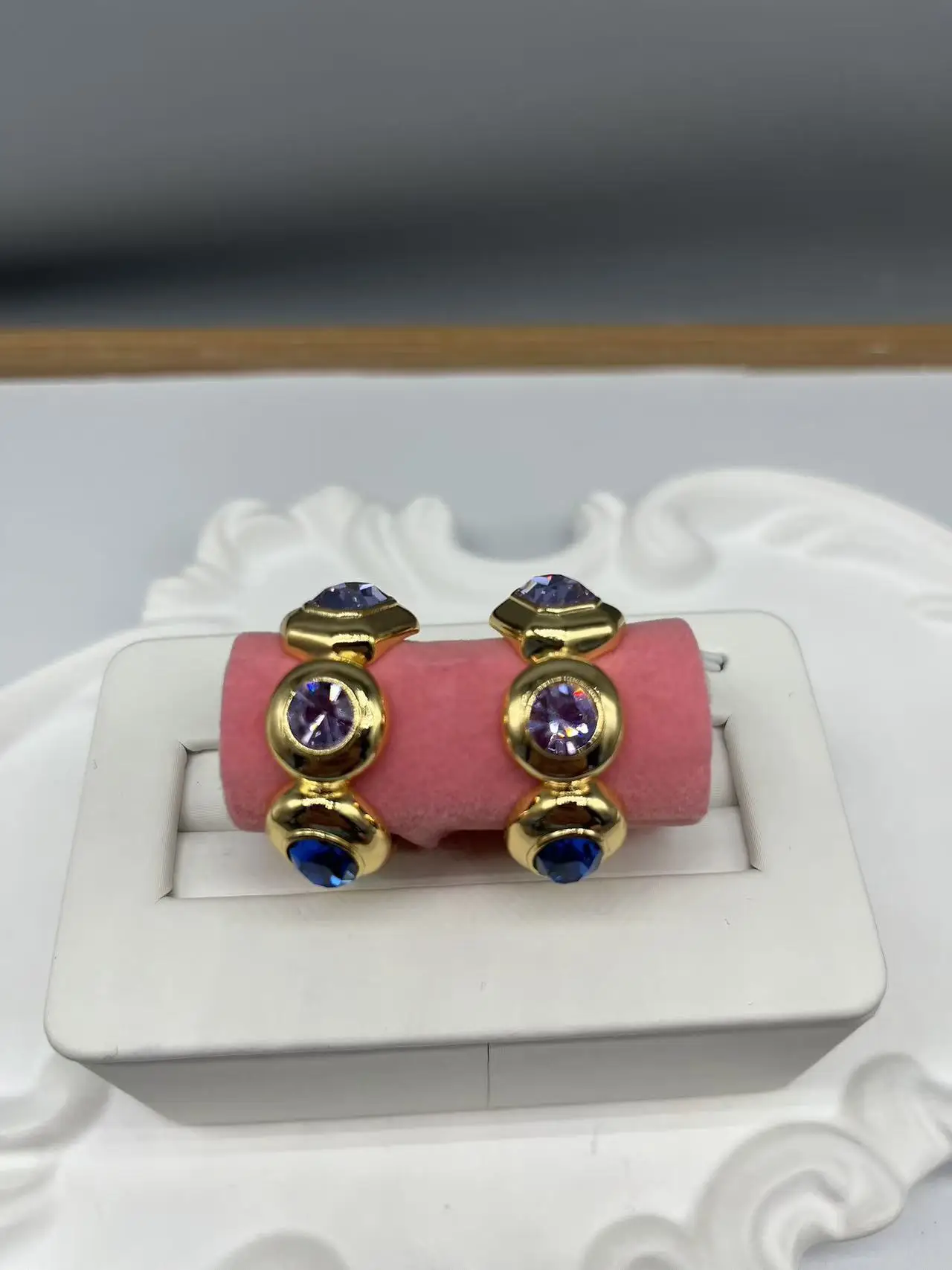 

Modern Geometric Gold Earrings, Purple Crystal Square Cut Dangle Earrings, Chunky Chain Link Statement Jewelry