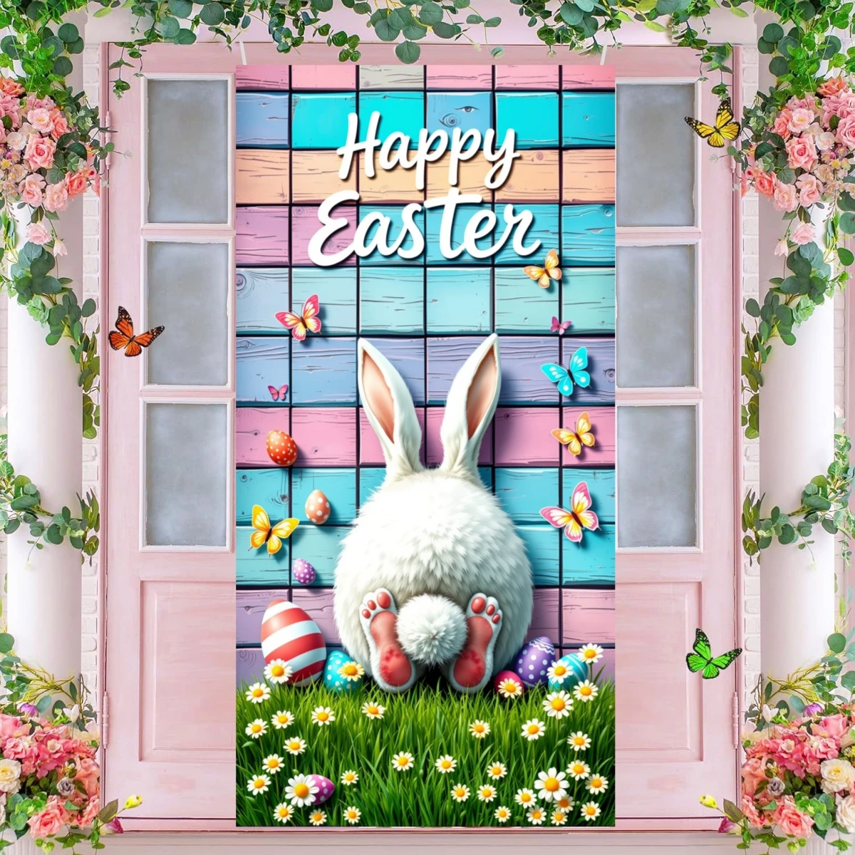 Happy Easter Bunny Door Cover Background Spring Easter Door Curtain Hanging Decor Banner Festival Celebration Party Porch Decor