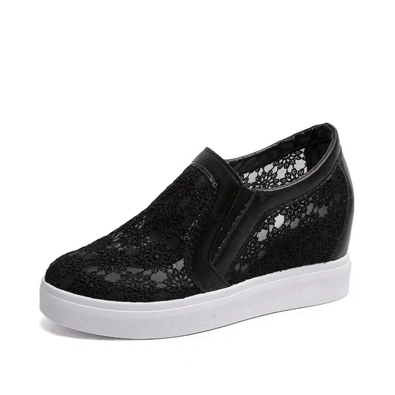 2024Lace Women Shoes  Spring Summer Wedges  For  Black White Breathable  Flower Sneakers  Loafers