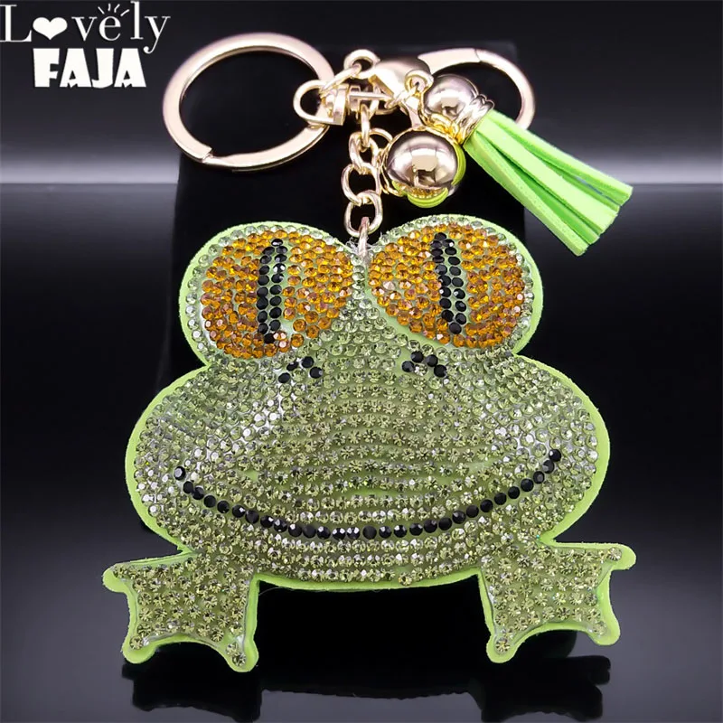 Cute Cartoon Smiling Green Frog Keychain for Women Men Alloy Rhinestone Keyrings Key Holder Car Bag Accessories Jewelry K5123S03