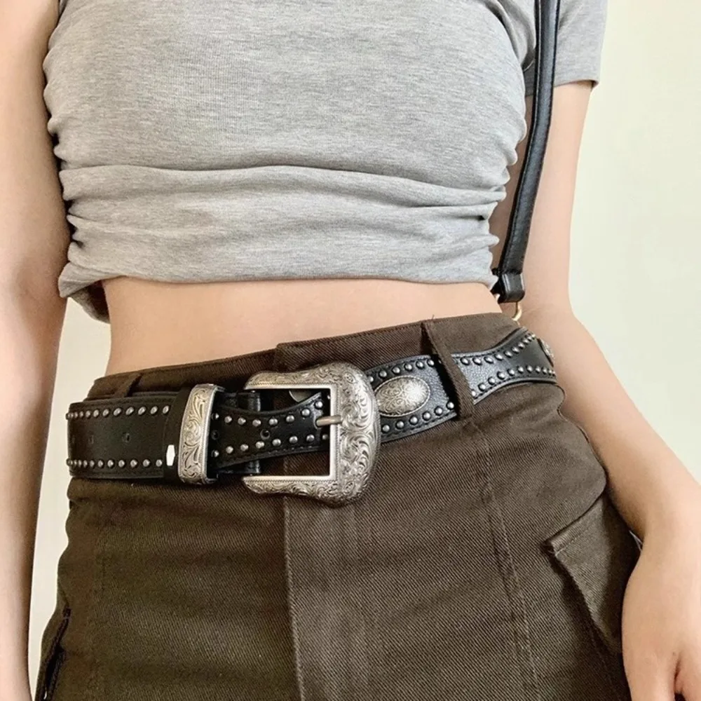 Versatile Cool Black Rivet Belt American Style Wide PU Vintage Waistband Adjustable Alloy Coffee Y2K Belt Men