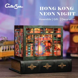 CUTEBEE Wooden Book Nook DIY Dollhouse 3D Puzzle Bookshelf Insert Light Booknook Decor for Hong Kong Neon Night