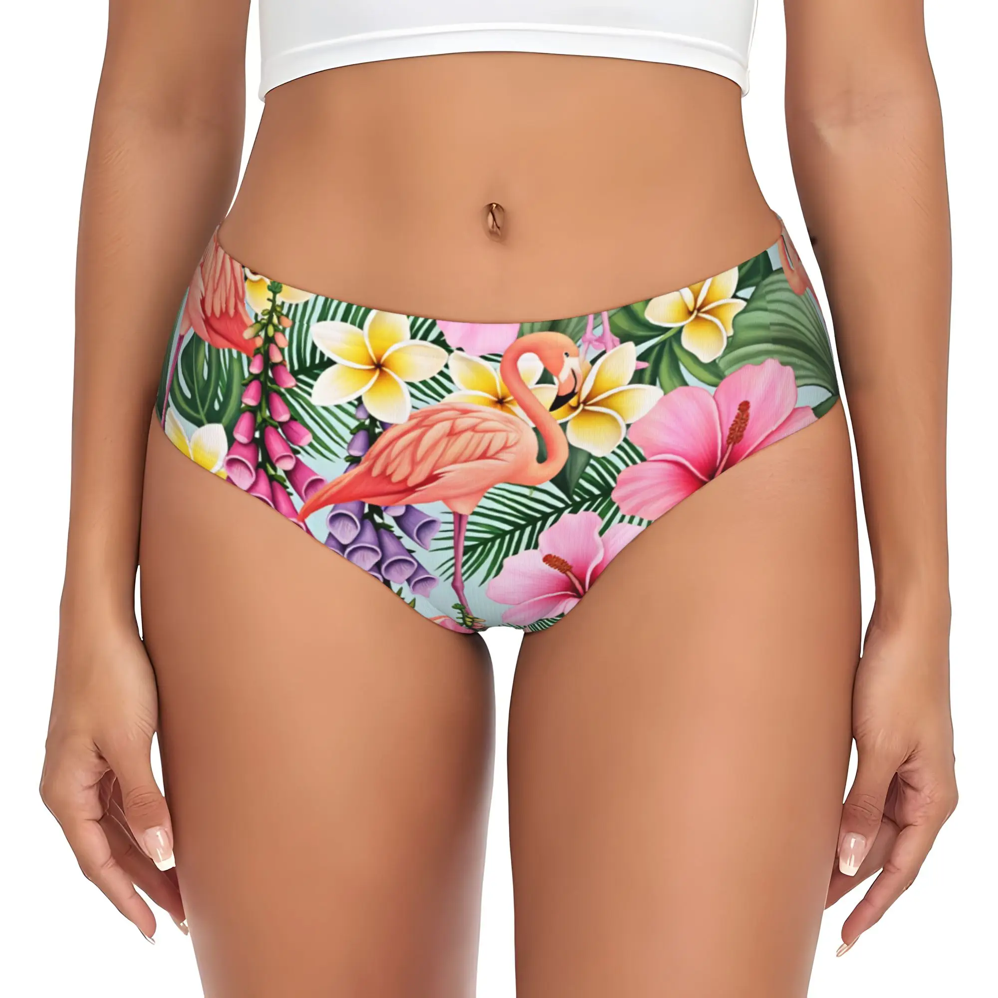 Braguitas de mujer con estampado de plantas y flores tropicales de flamencos, estilo hawaiano, con estampado de palmeras y monstera, ropa interior elástica