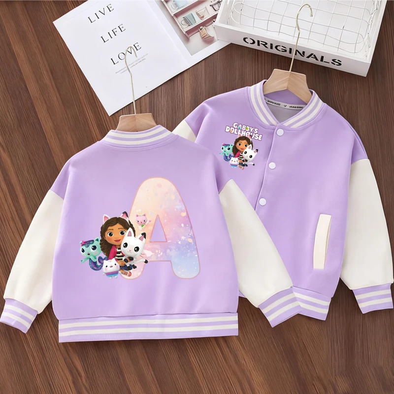 

Gabby Dollhouses Purple Baseball Uniform Children Anime Cartoon Jacket Girls Autumn Winter Fashion Hip Hop Coats Popular Jackets