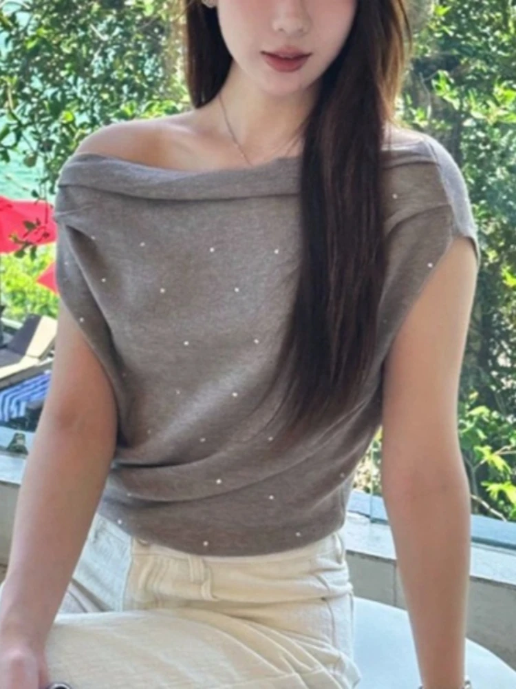 2026 Fashion Women Short Sleeve Slim Fit Knitted Top Summer New Off-shoulder Pullover Blouse Elegant Casual Solid Color Knitwear
