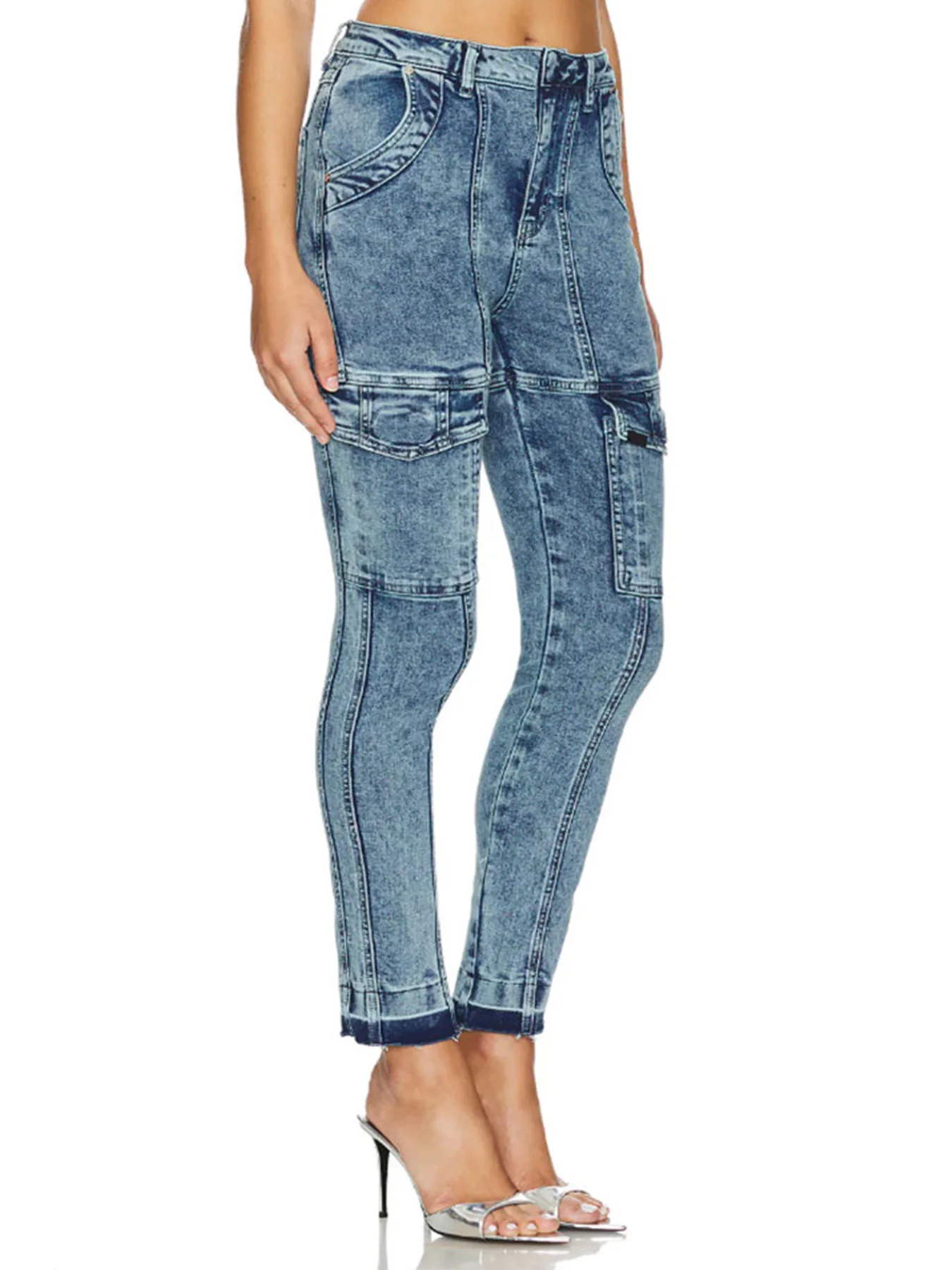 

Женская рабочая одежда с завышенной талией, прямые узкие синие джинсы, дизайн с несколькими карманами, модный джинс со снежинками