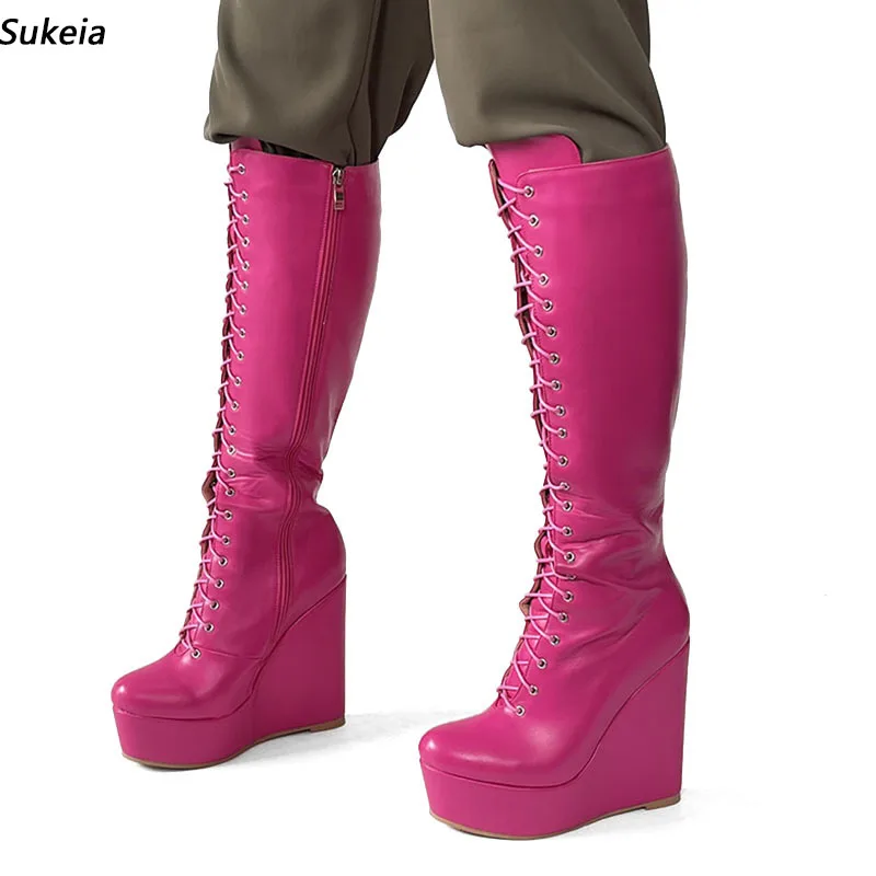 

Sukeia Handwork Women Winter Knee Boots Lace Up Wedges Heels Round Toe Beautiful Fuchsia Red Club Shoes Ladies US Size 5-20