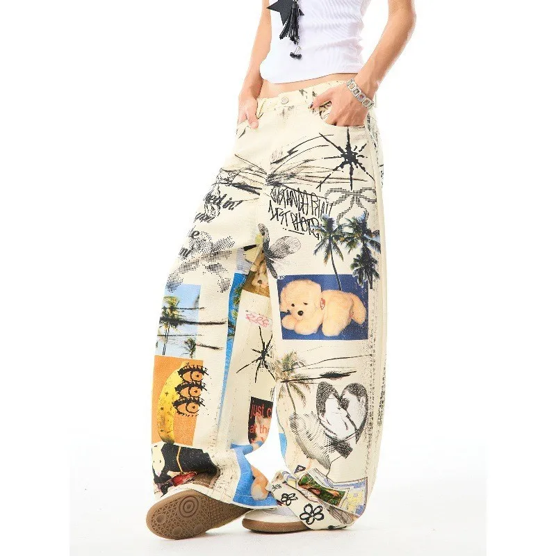 

Широкие джинсовые джинсы с 3D-принтом, кружевные жемчужные цепочки, прямые свободные женские брюки с высокой талией, средняя эластичность, другие ткани Sister Sle