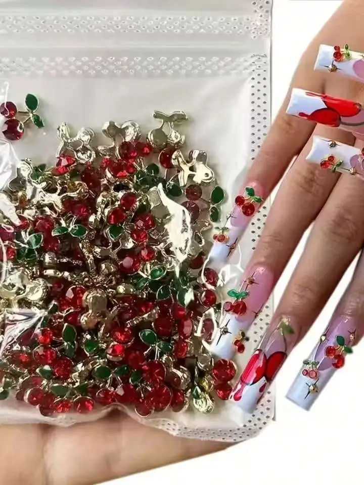 

20pcs 3D Cherry Nail Decorations - Red & Pink Crystal Nail Gems With Green Leaves