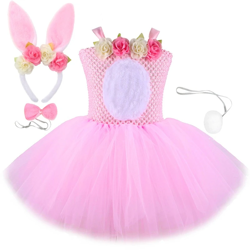 

Pink Rabbit Tutu Dress Girls Easter Bunny Costume Kids Birthday Party Tulle Princess Dress for Halloween Animal Dress Up Clothes