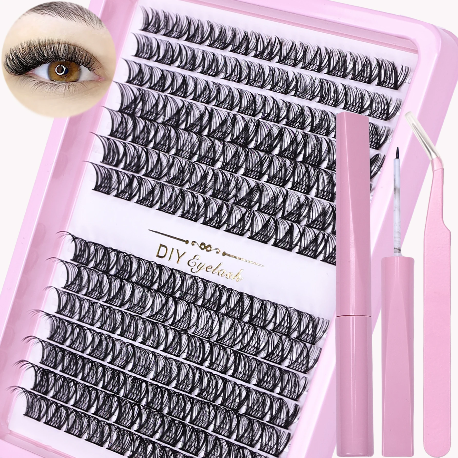 154 peças kit de extensão de cílios postiços diy com adesivo de cílios e selante e pinças, conjunto de cílios individuais de curvatura d
