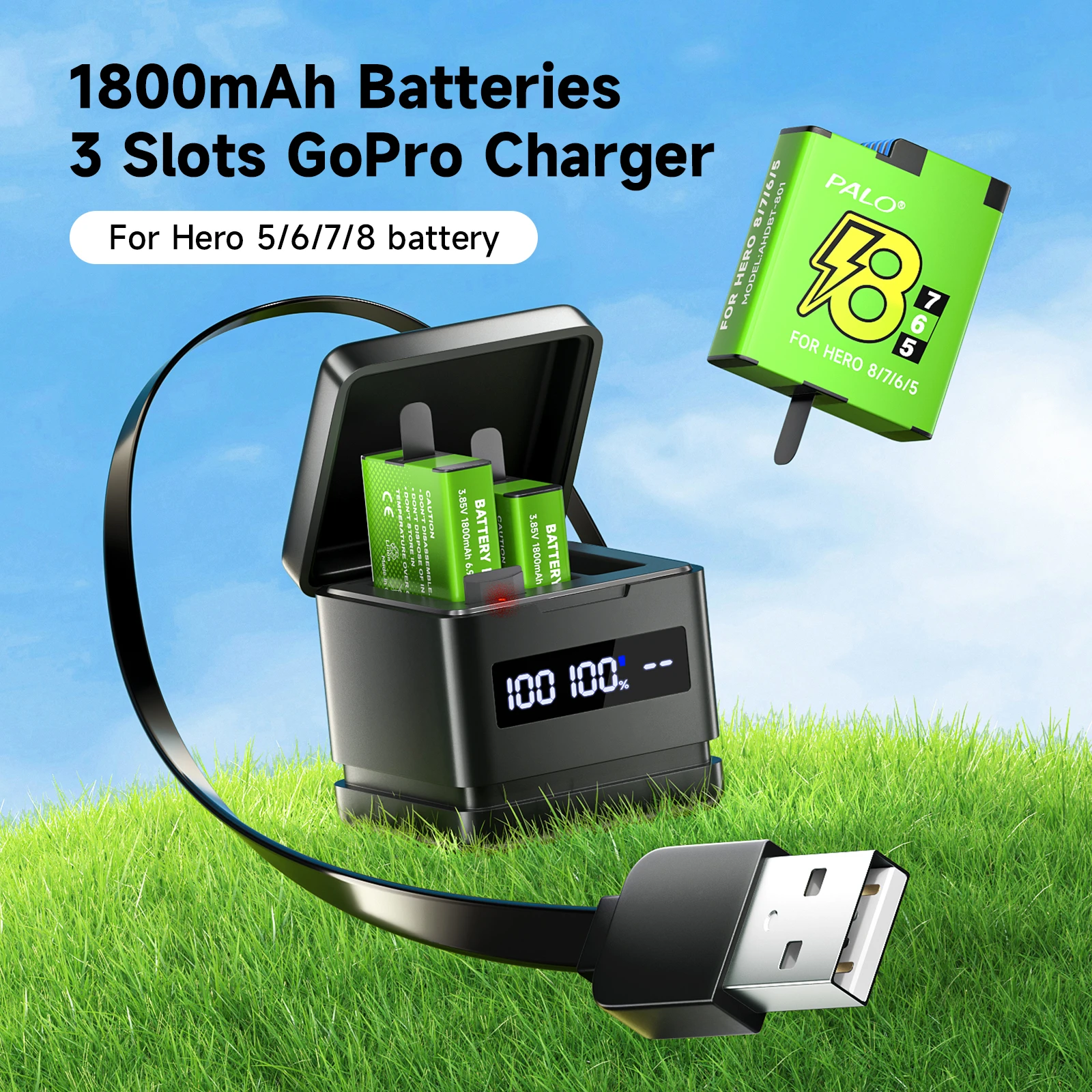PALO 1800mAh Battery For GoPro Hero 5 6 7 8 Battery with 3-Slots Storage Box LCD Charger For Go Pro 8/7/6/5 Sport Camera