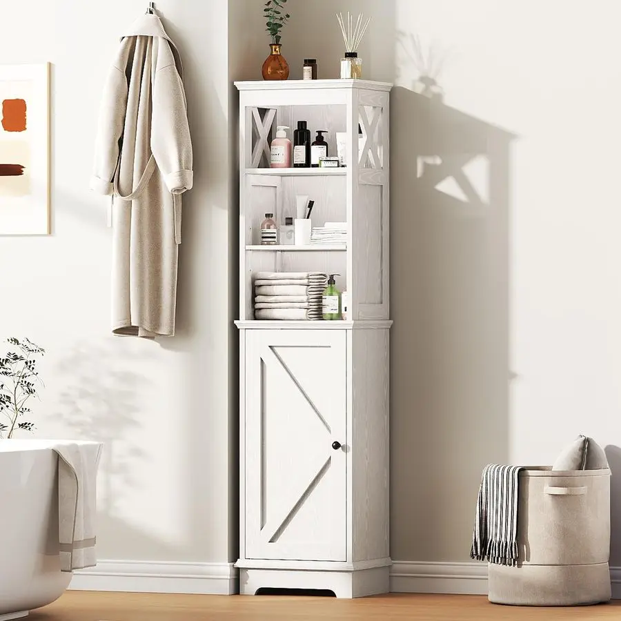 

Bathroom Storage Cabinet with Door and Open Adjustable Shelves, 60.9 H Wooden Tall Tower Corner Farmhouse Cabinet, Freestanding
