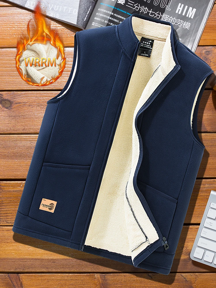 Fleece-Weste für Herren, Herbst-Winter, Lammwollwesten, dick, warm, Übergröße, lässige, mit Fleece gefütterte Weste, Mantel, ärmellose Weste – Detail 7