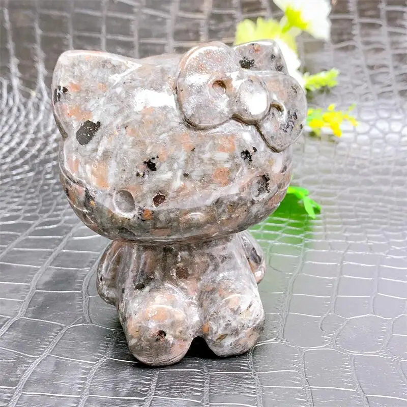 

10CM Natural Yooperlite Crystal Cartoon KT Cat Carving Animal Statue Healing Gemstone Crafts For Children Birthday Gift 1PCS