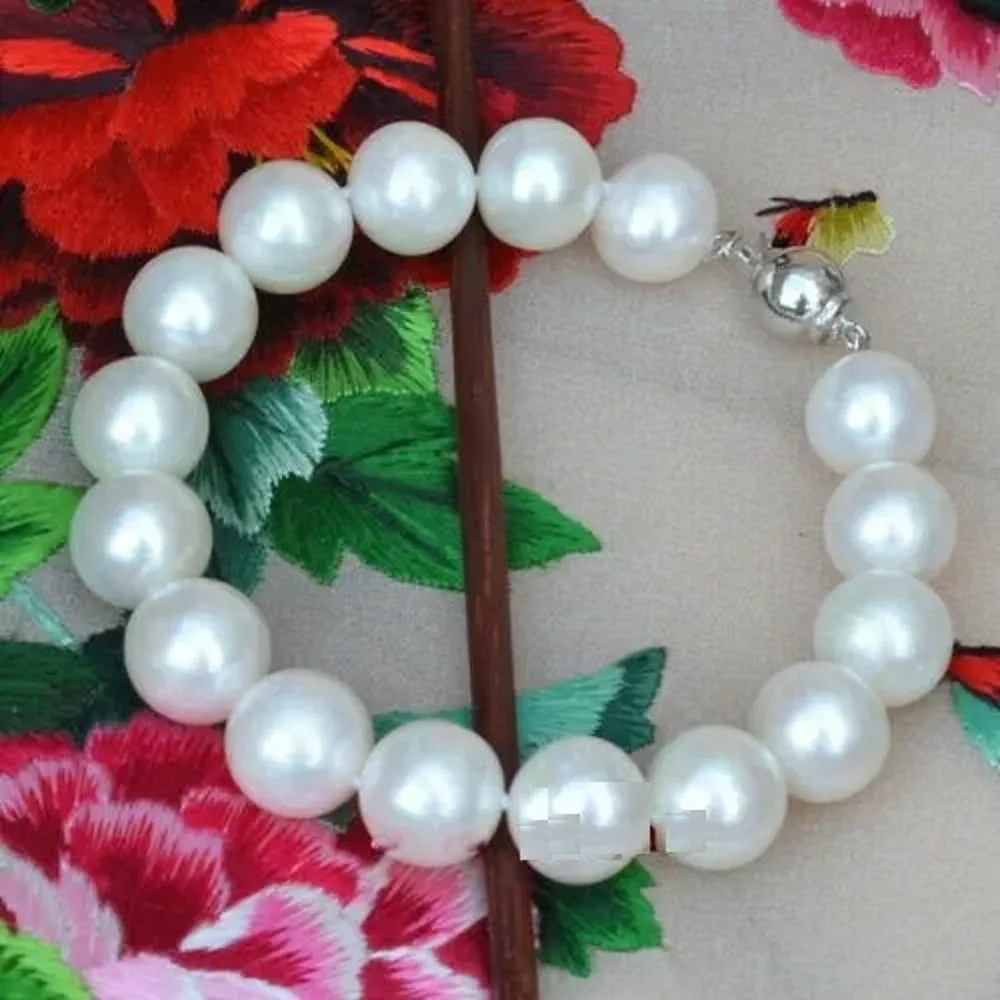 Charm AAAA 11-12mm Natural South Sea Round White Pearl Bracelet 7.5-8 inches  Clip