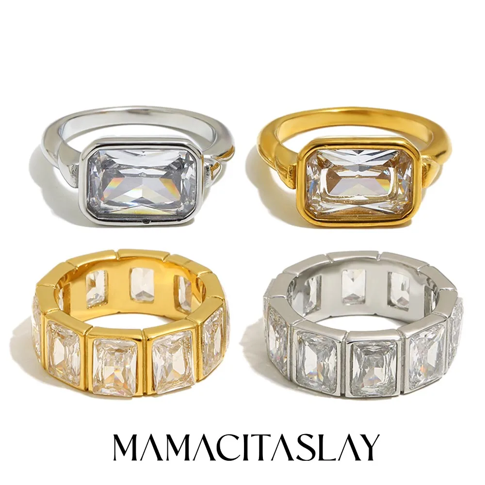 MamacitaSlay 316L Edelstahl Quadratischer Zirkon-Ring 18K Vergoldet Wasserdichter Luxus-Schmuck für Frauen Trendiger Bankett-Schmuck Geschenk
