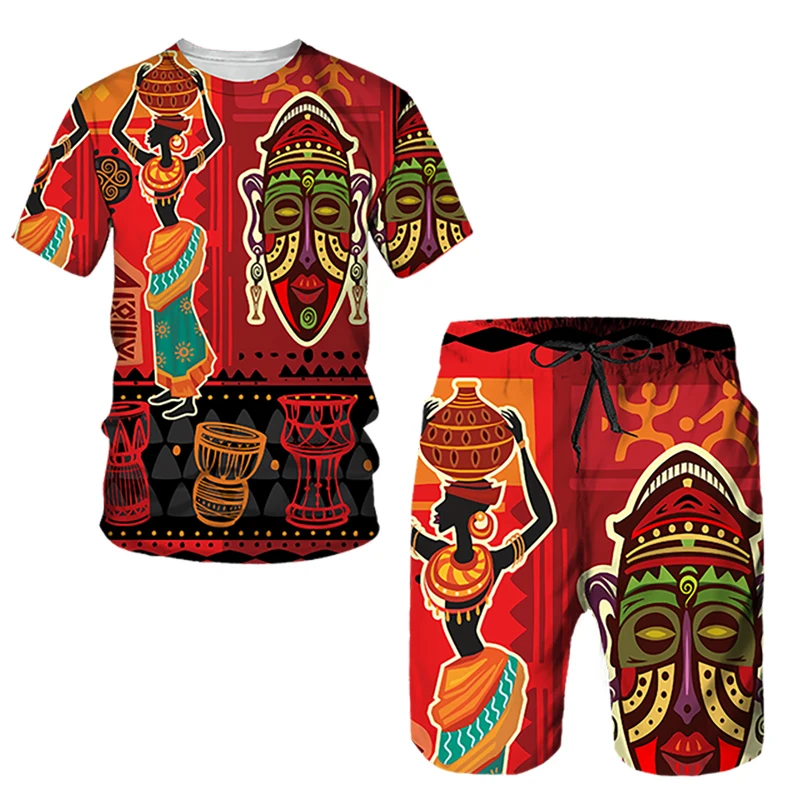 African Ethnic Style 3D Print T-Shirts Shorts Sets Men\'s Casual Fashion Oversized Short Sleeve T Shirt Pants Set Suits Clothing